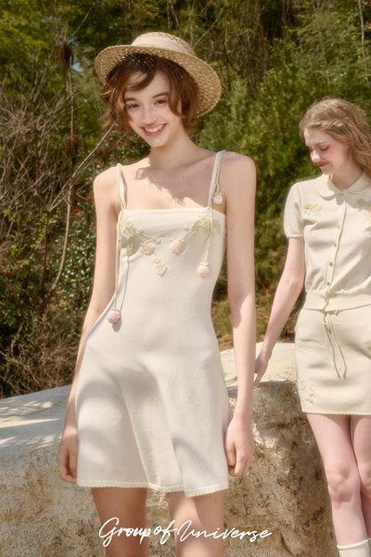 White Strawberry Embroidered Soft Knit Three-Piece Set