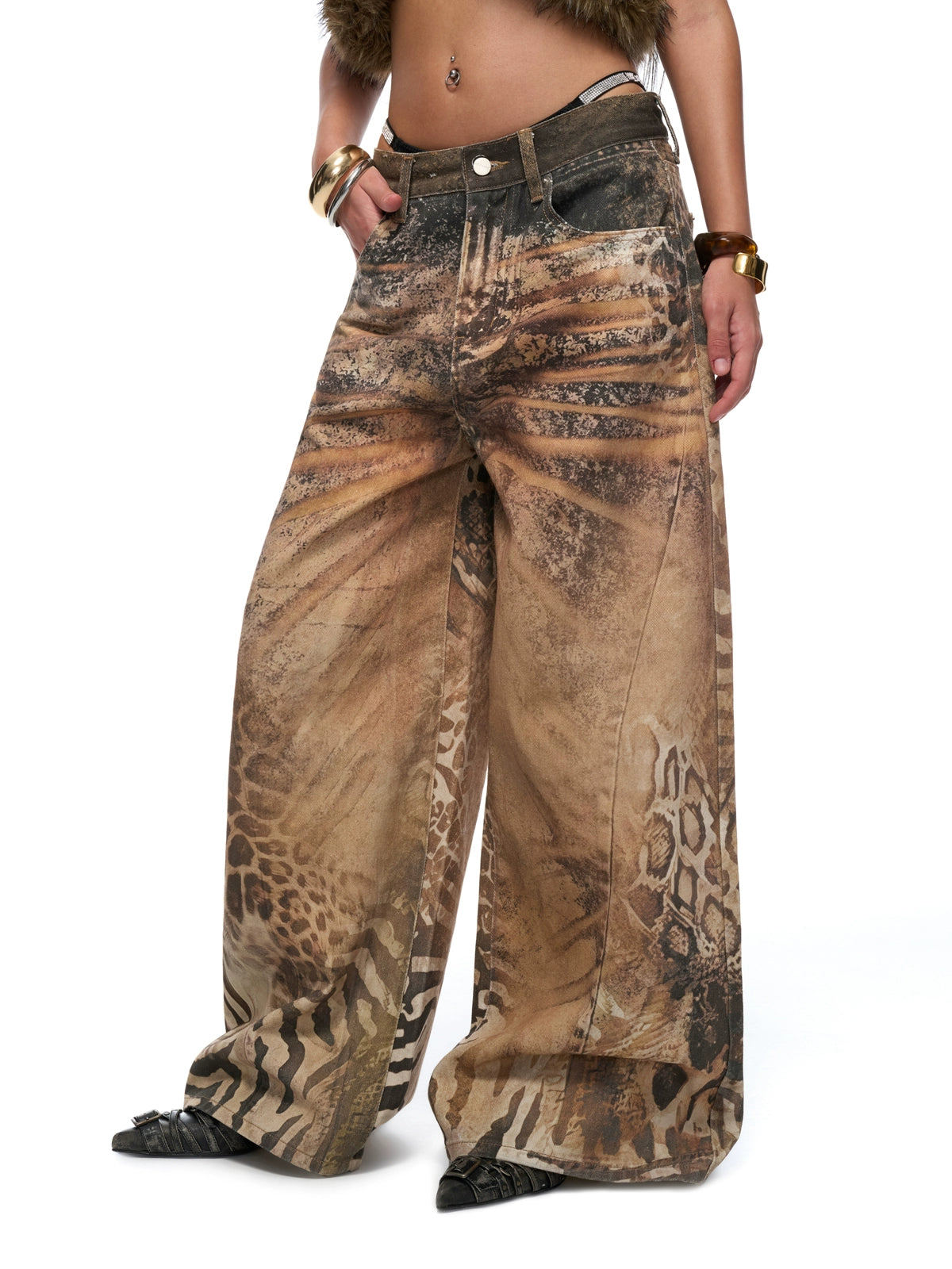 Washed Wide-Leg Printed Denim Pants