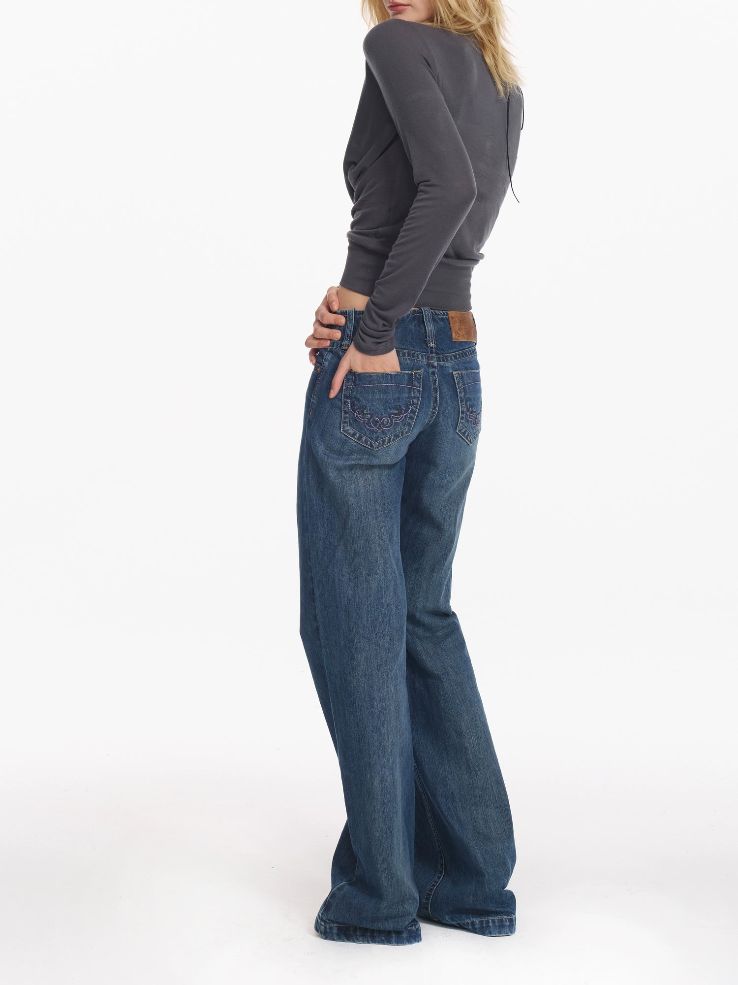 Washed Blue Embroidered Straight Jeans - CHINASQUAD