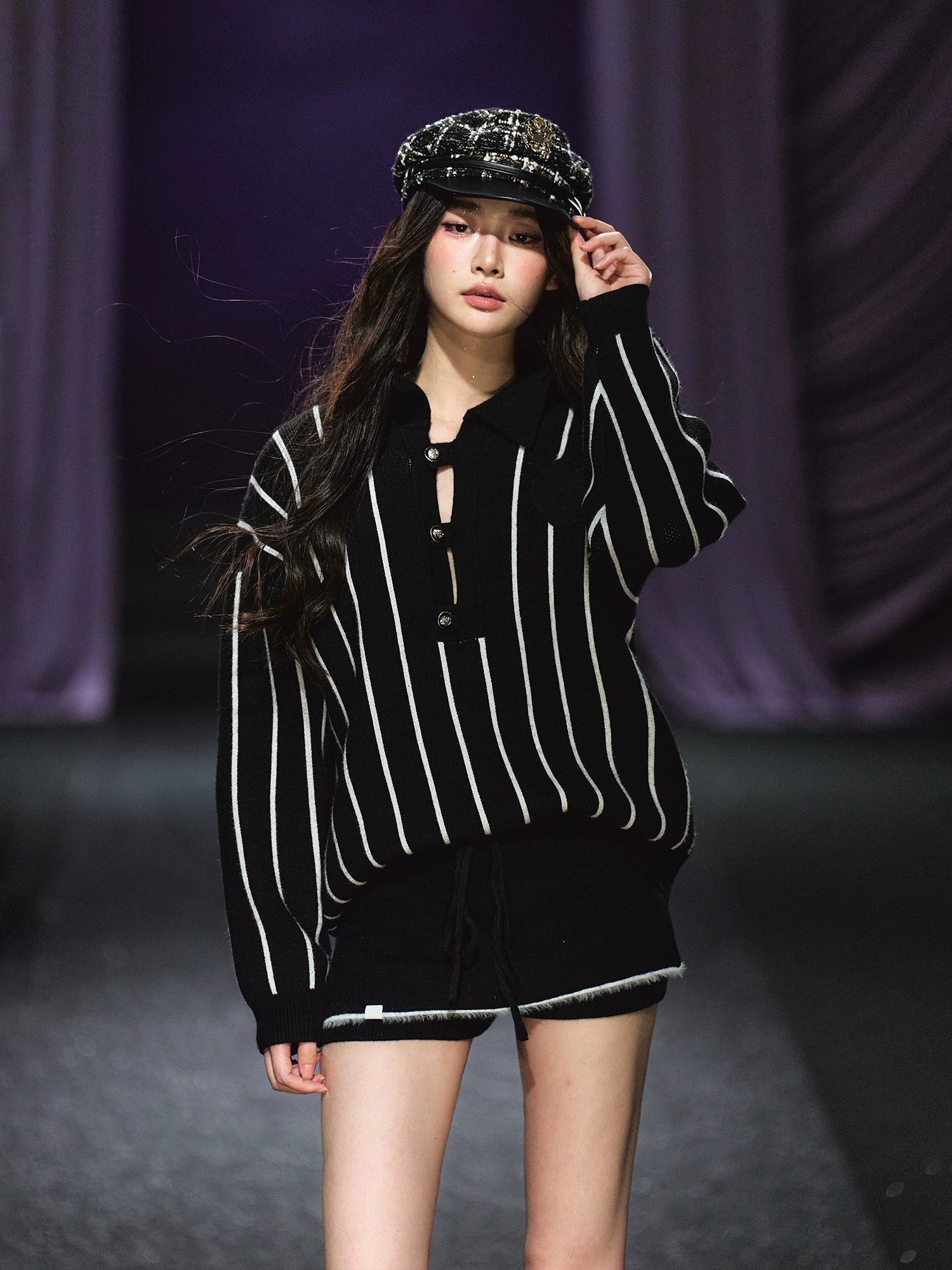 Striped Knit Polo T-Shirt &amp; Contrast Trim Skort Set