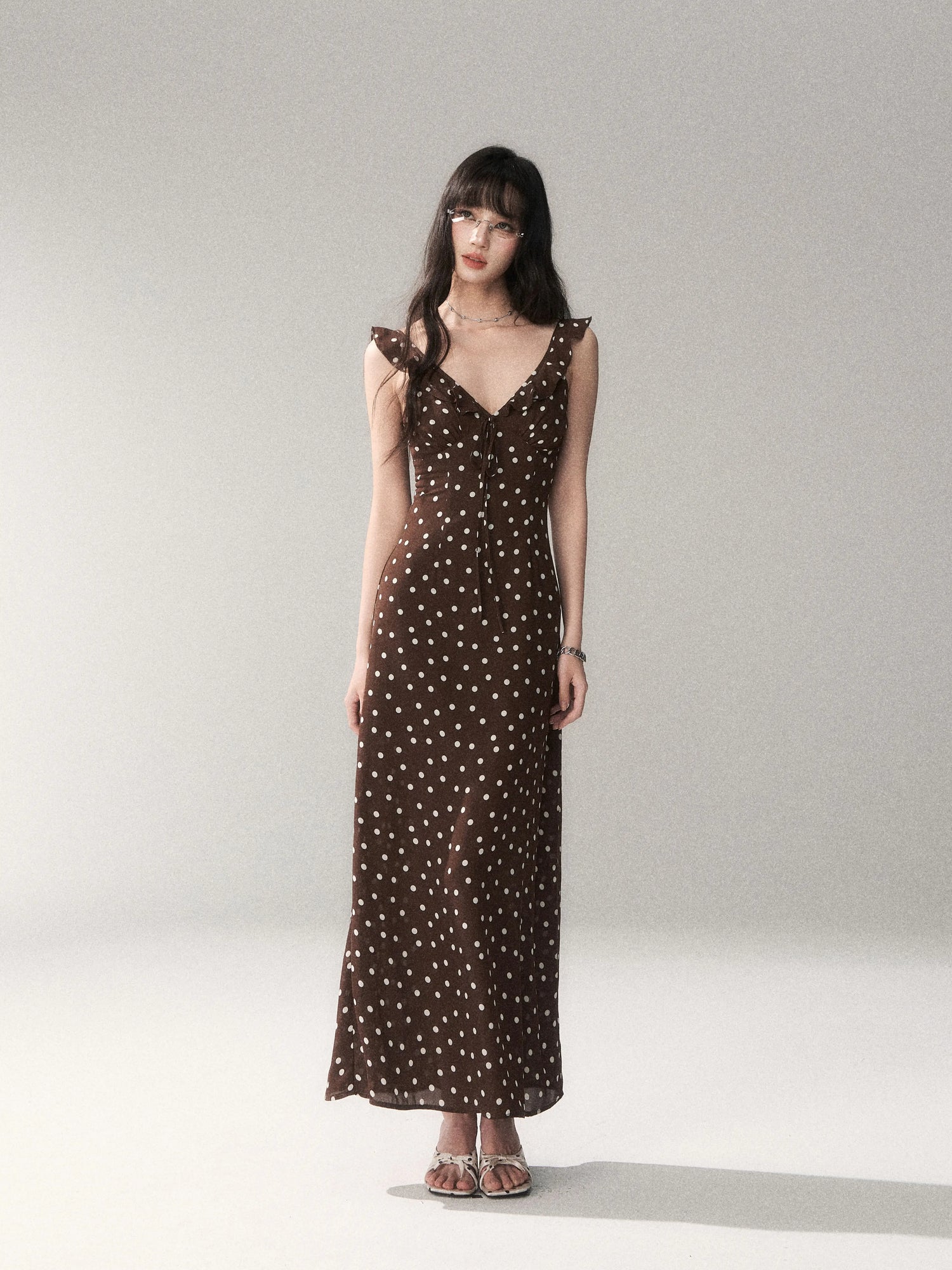 Chocolate Polka Dot French Slim-Fit Slip Maxi Dress Brown / S(Pre-sale)