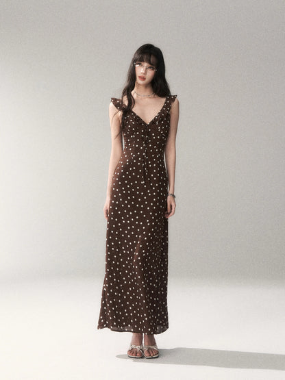 Chocolate Polka Dot French Slim-Fit Slip Maxi Dress