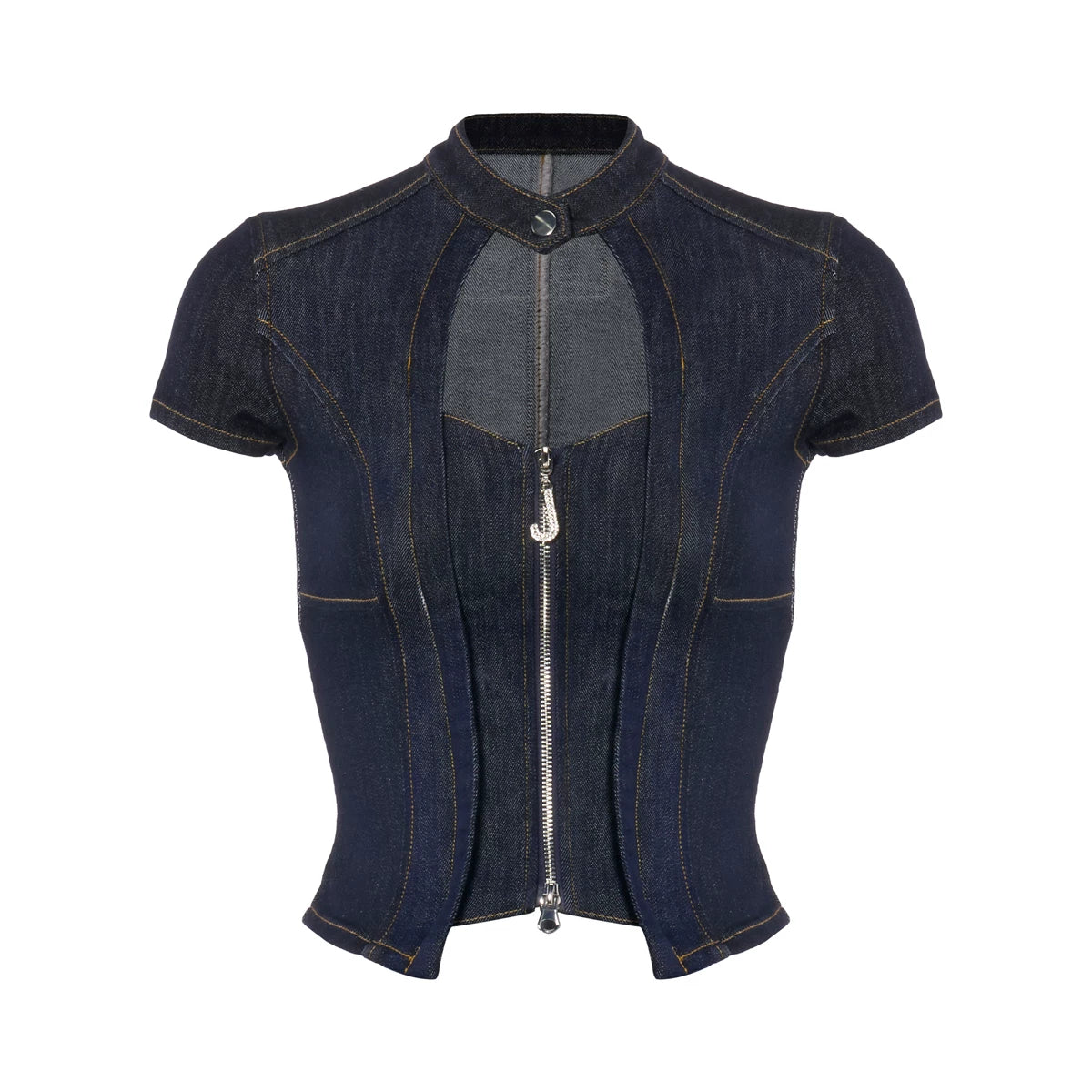Dark Indigo Denim Zip-Up Bodycon Top &amp; Mini Skirt Set