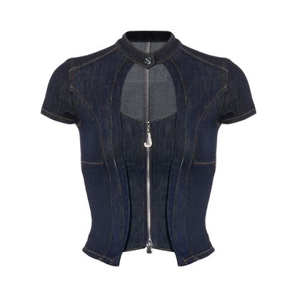 Dark Indigo Denim Zip-Up Bodycon Top &amp; Mini Skirt Set