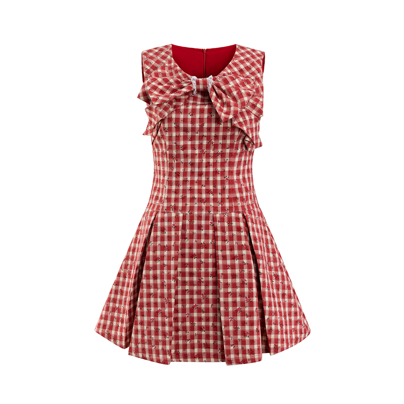 Red Gingham Sleeveless Round-neck Dress