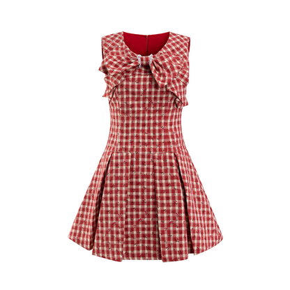 Red Gingham Sleeveless Round-neck Dress