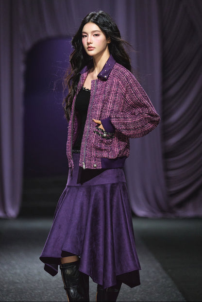 Suede Patchwork Tweed Jacket &amp; Asymmetric A-Line Skirt Set