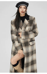 (Final Sale) Coffee Woolen Plaid Coat - CHINASQUAD