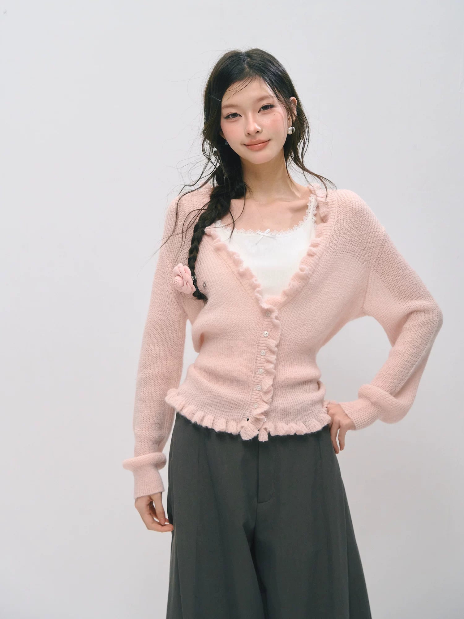 Deep V-Neck Ruffle Waist Cardigan