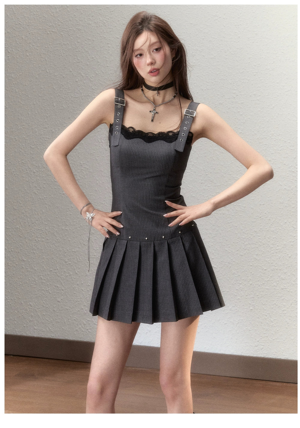Suit-Style Lace Pleated Mini Dress - CHINASQUAD