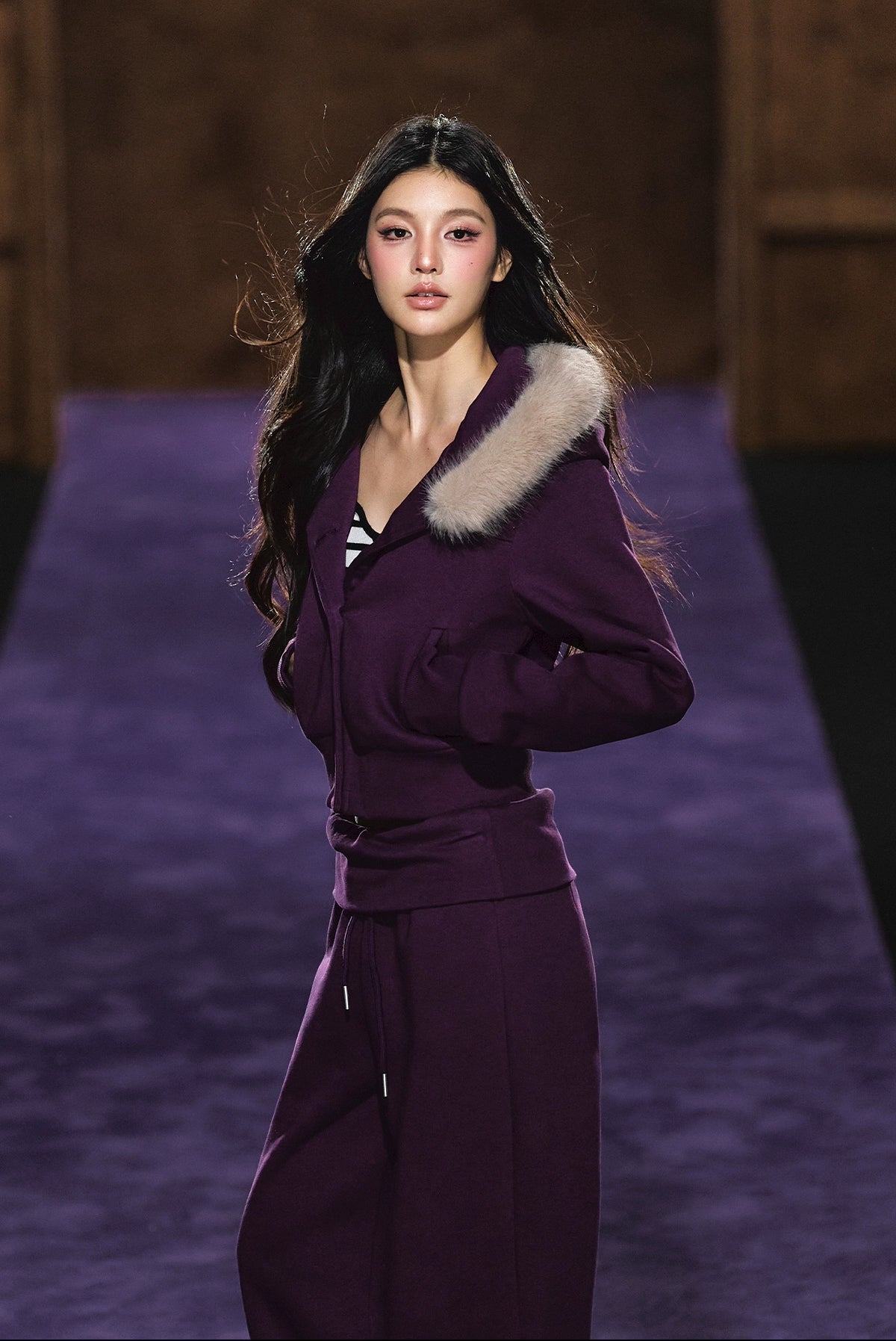 Faux Fur Hooded Cropped Hoodie &amp; Jogger Set