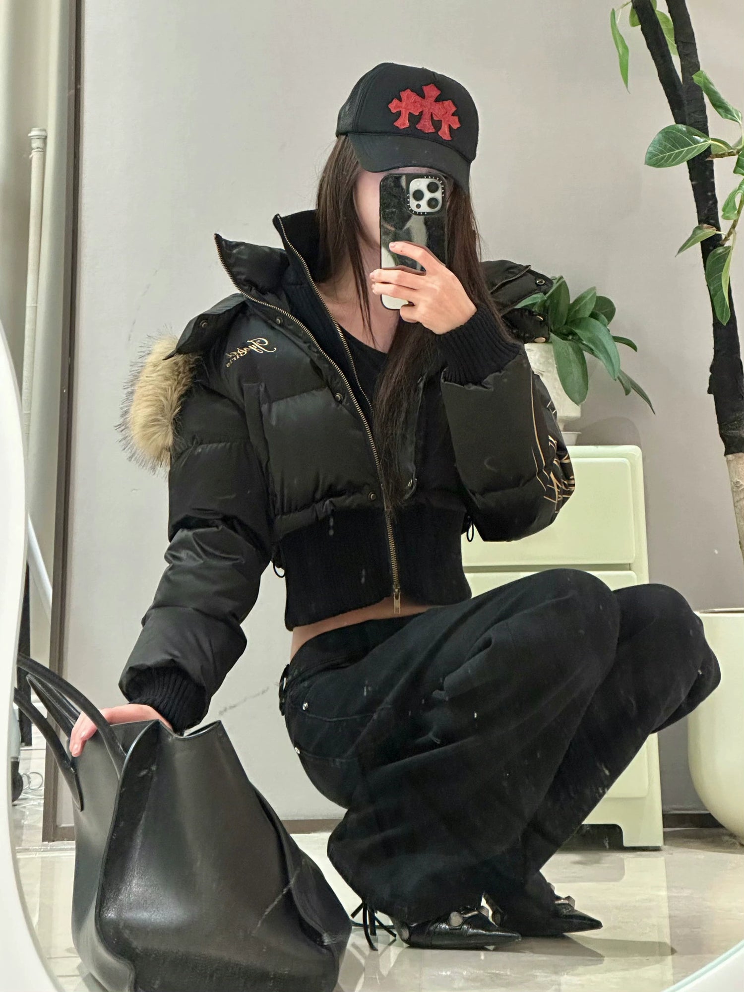 Black Knit-Trim Down Jacket