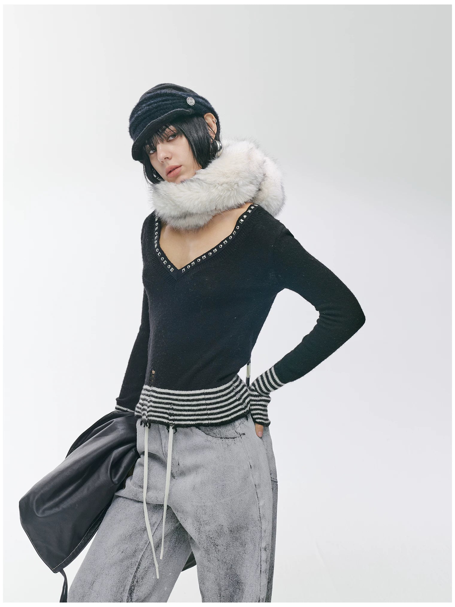 Striped Panel Slim-Fit Wool Knit Top