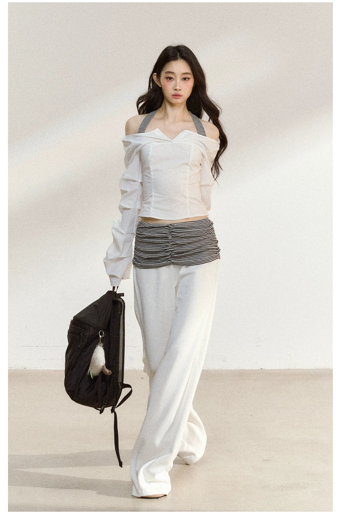 Striped Waist Panel Relaxed Straight-Leg Trousers