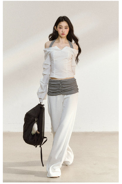 Striped Waist Panel Relaxed Straight-Leg Trousers