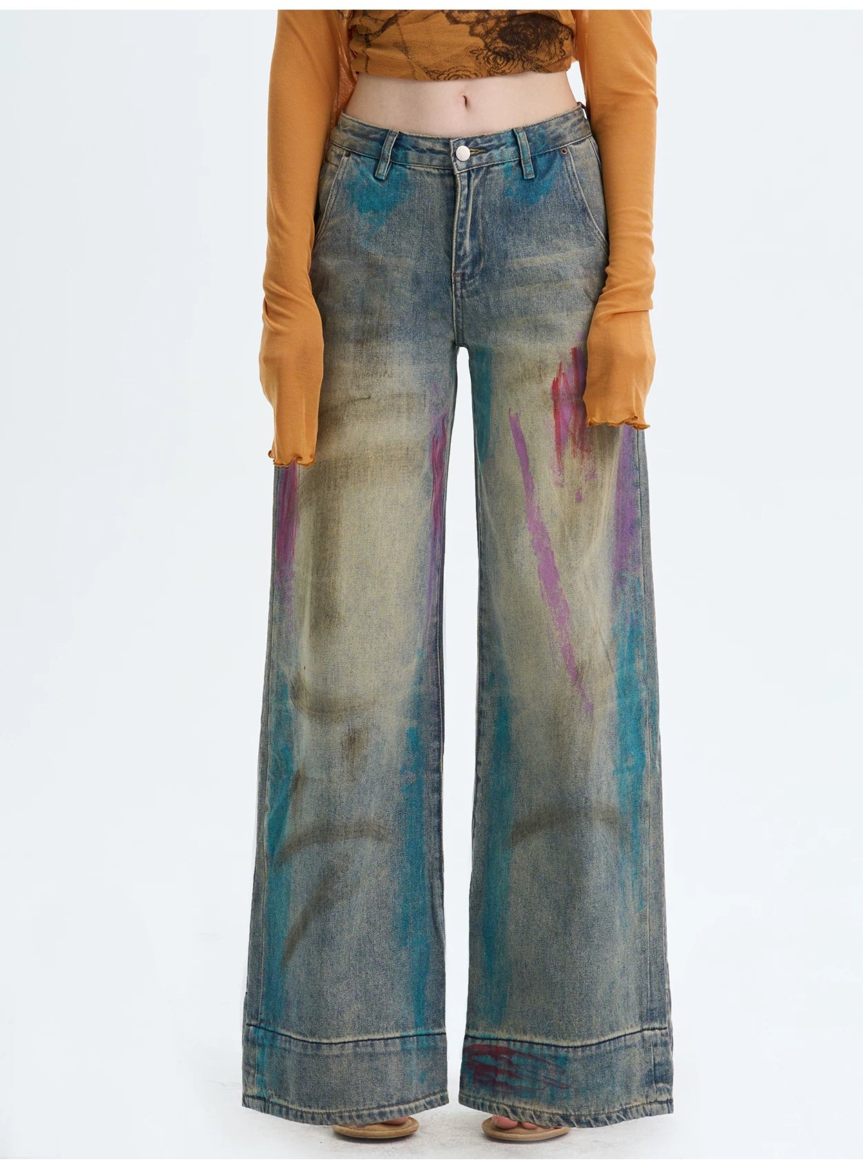 Washed Blue Graffiti Straight-Leg Denim Jeans