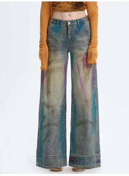 Washed Blue Graffiti Straight-Leg Denim Jeans