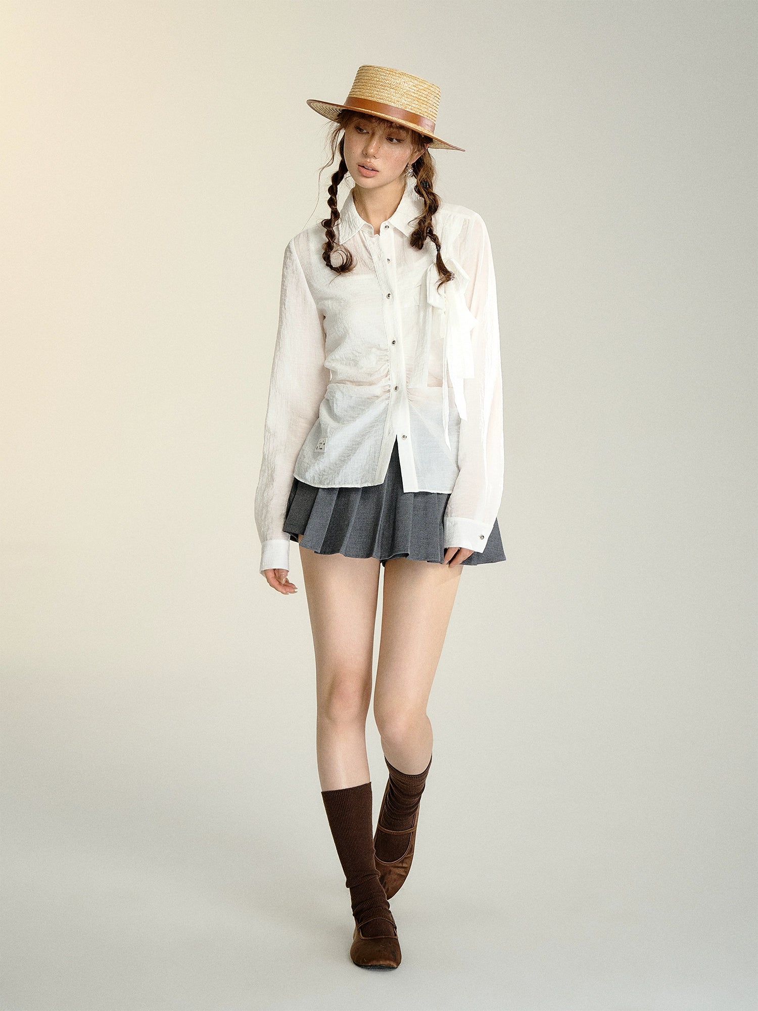 White Bow Tie Waist Shirt