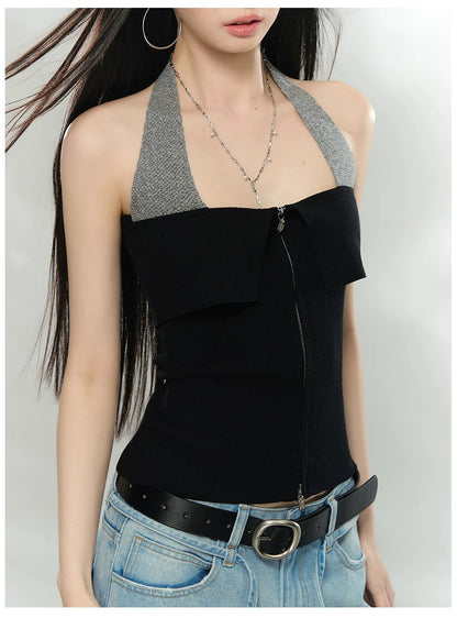 Contrast Halter Zip-Up Knit Tank Top