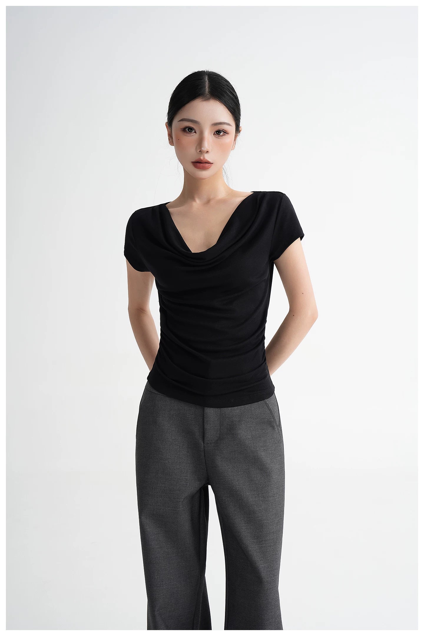 Draped Off-Shoulder Fitted Short Sleeve T-Shirt