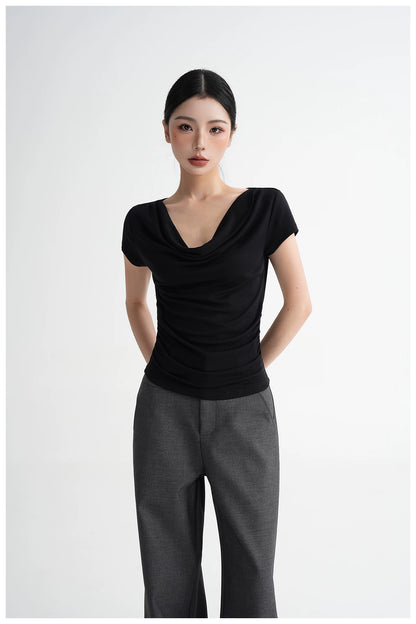 Draped Off-Shoulder Fitted Short Sleeve T-Shirt