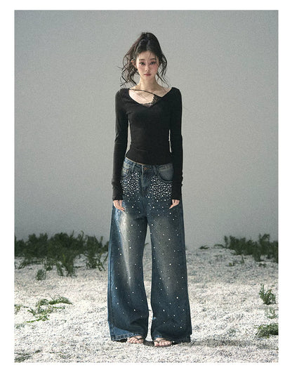 Pearl Studded Straight Leg Jeans