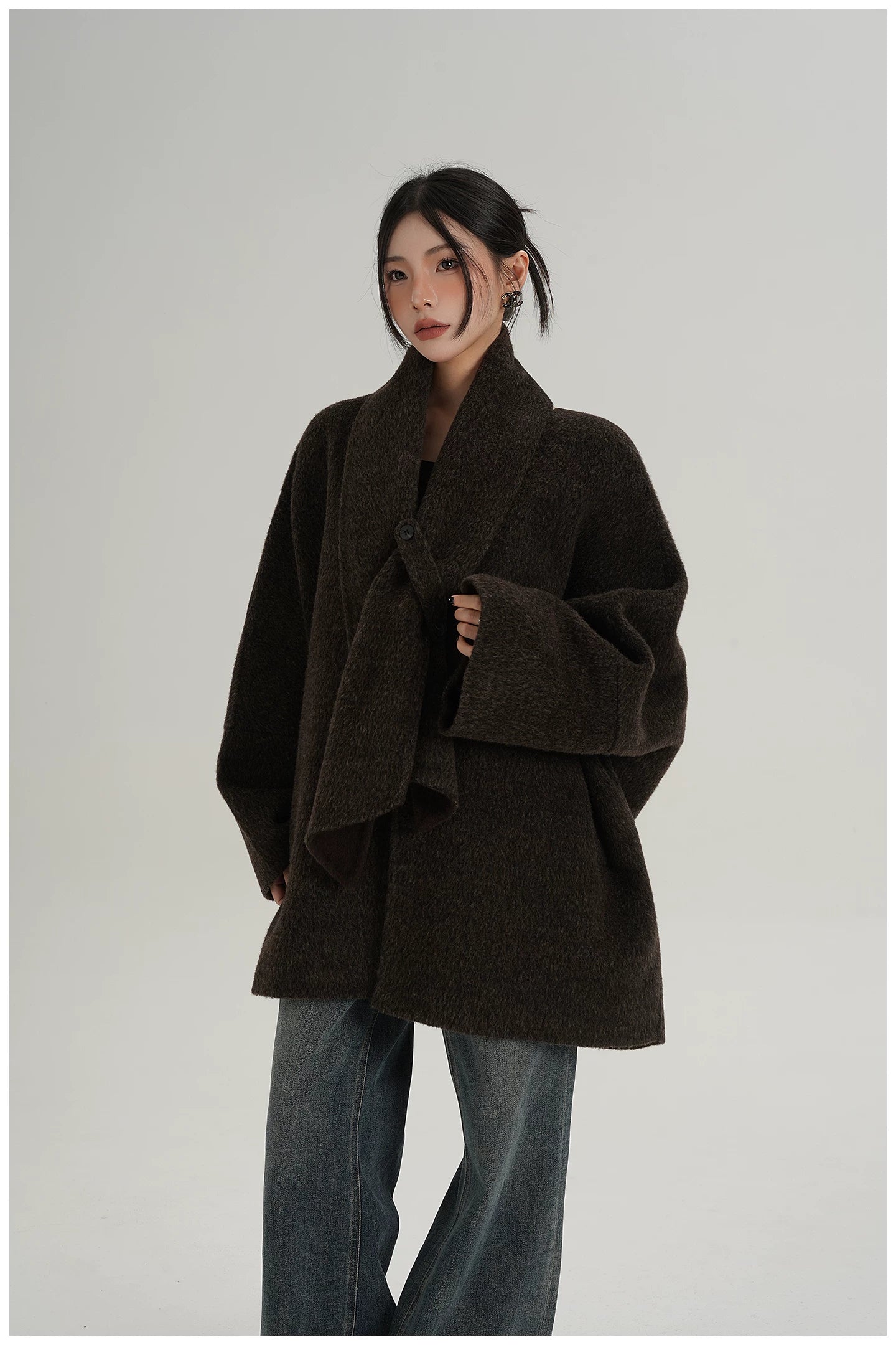 Scarf-Detail Mid-Length Wool Jacket