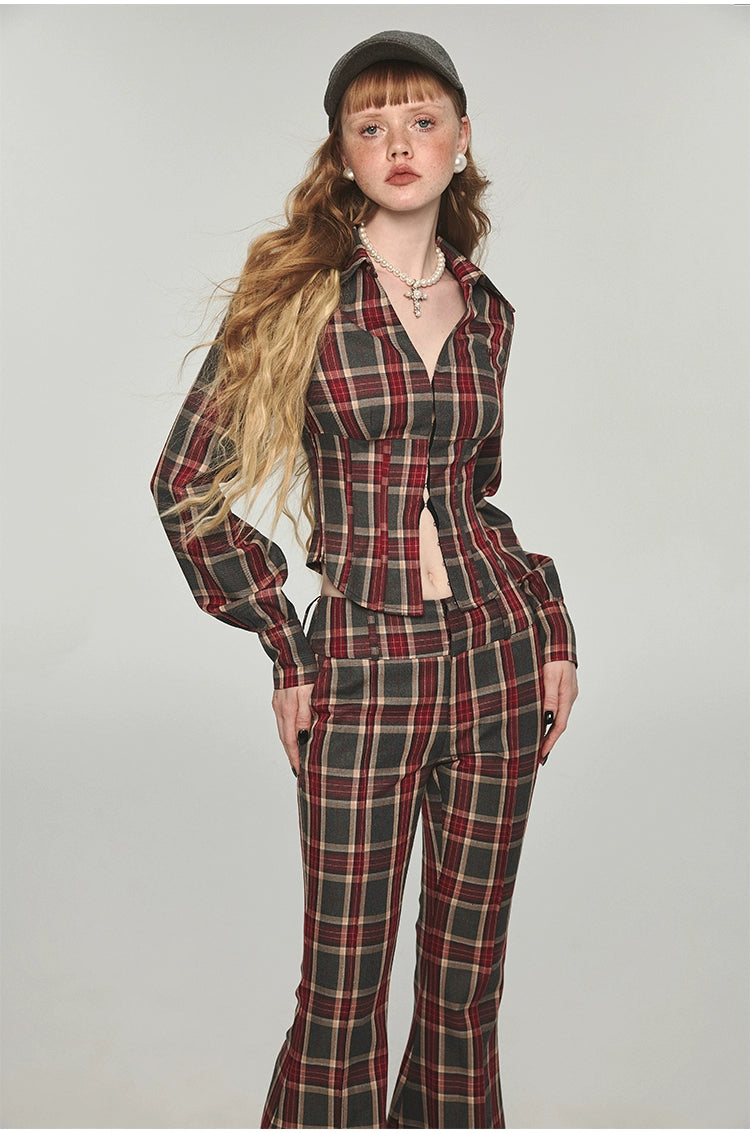 Plaid &amp; Leopard Slim-Fit Flared Pants - CHINASQUAD