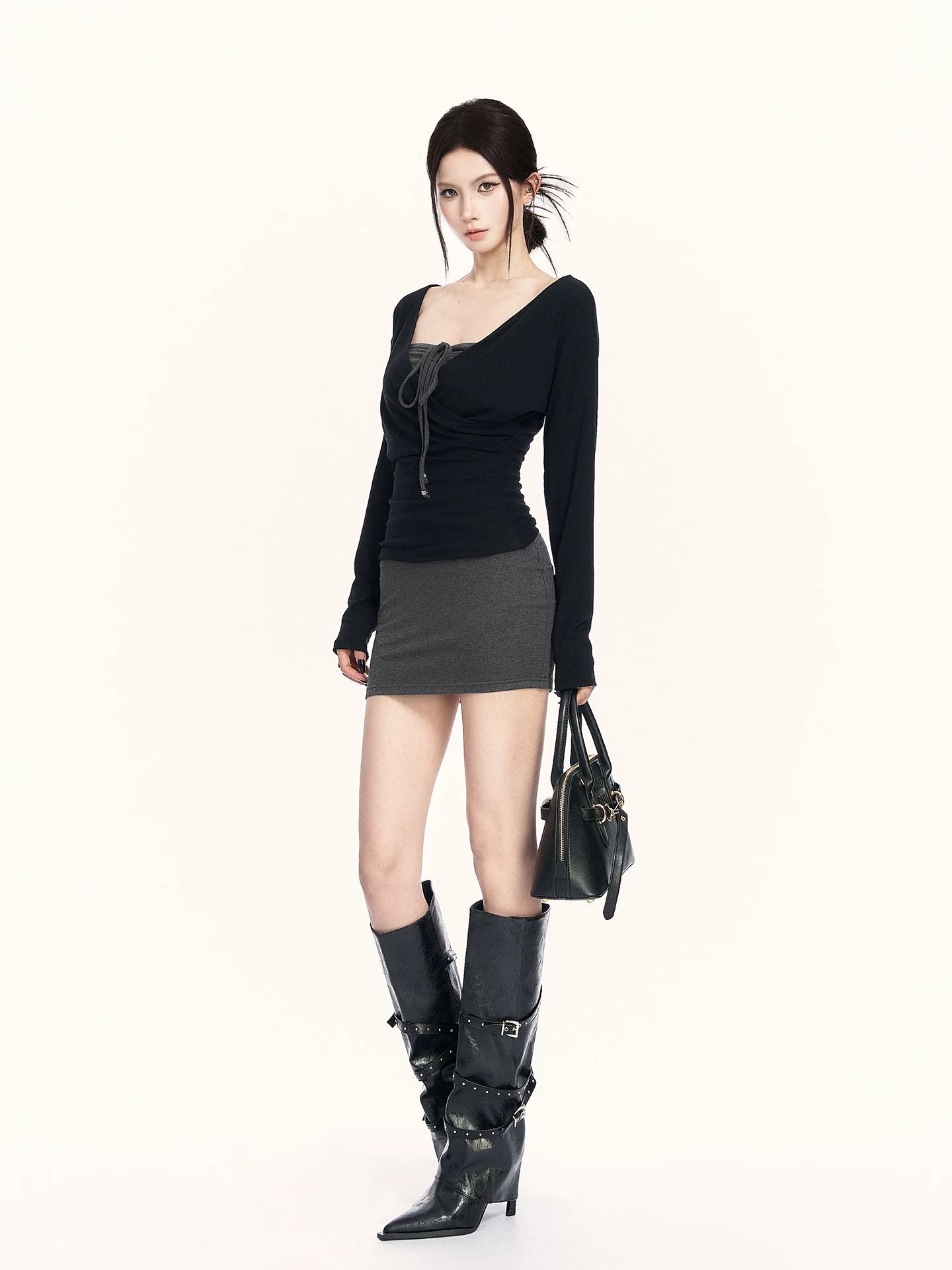 Contrast V-Neck Knit Top &amp; Bodycon Dress Set