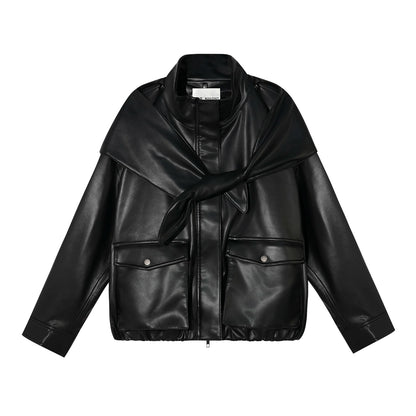 Detachable Bunny-Ear Hood Cropped PU Leather Jacket
