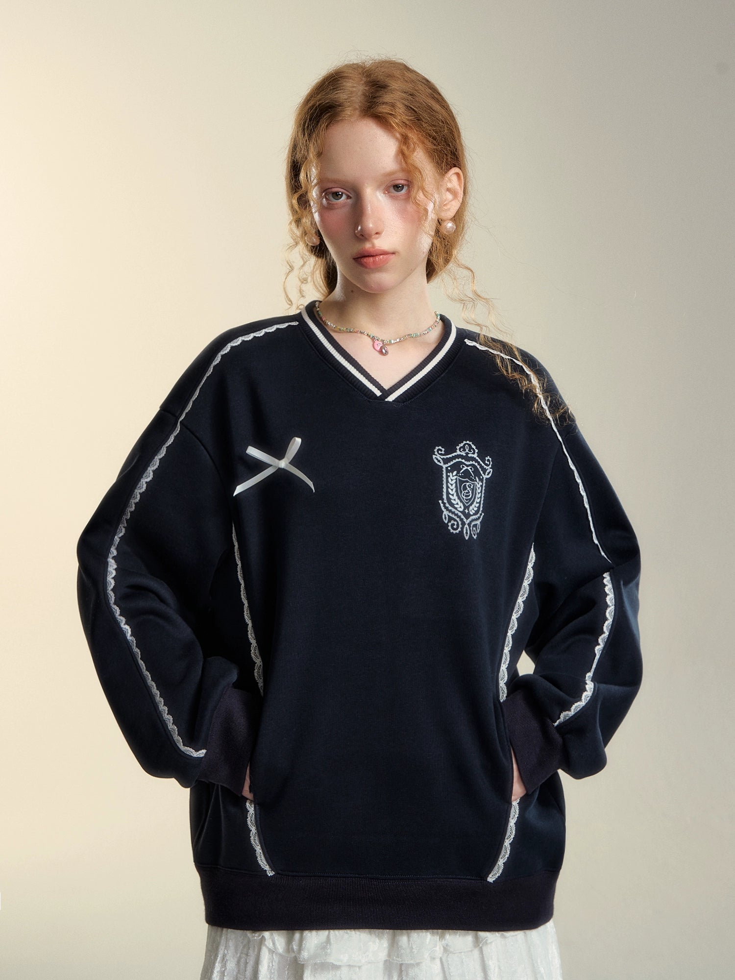 Lace Badge Pullover Sweatshirt