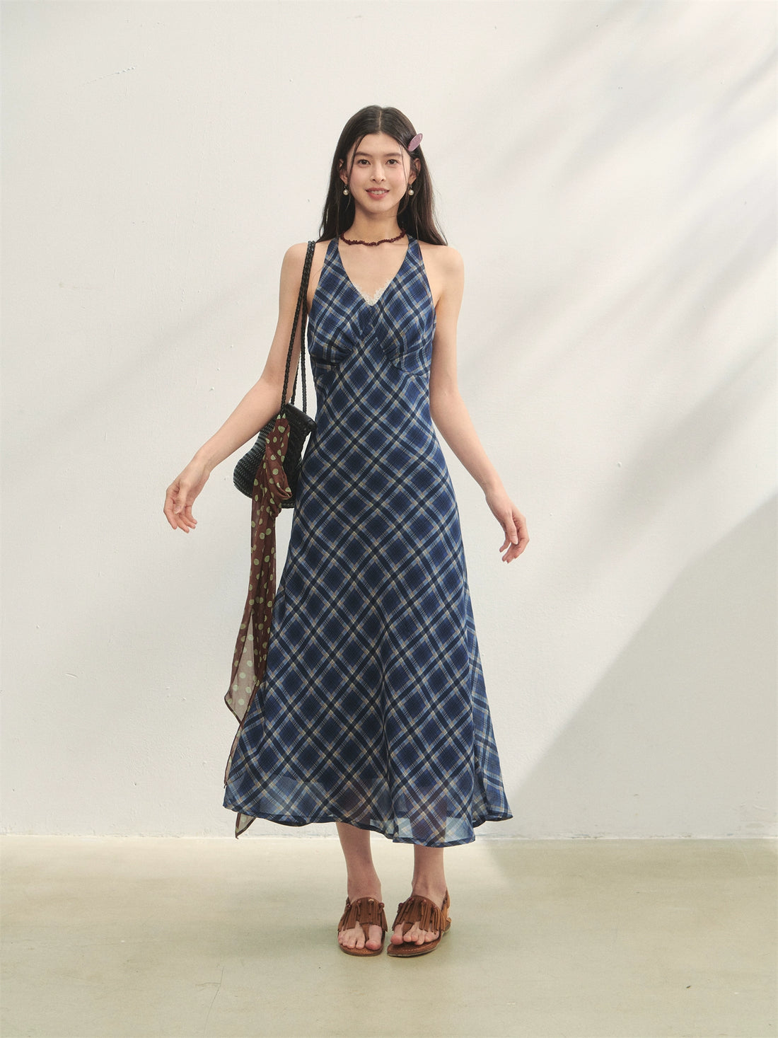 V-Neck Lace Spliced Halter Dress