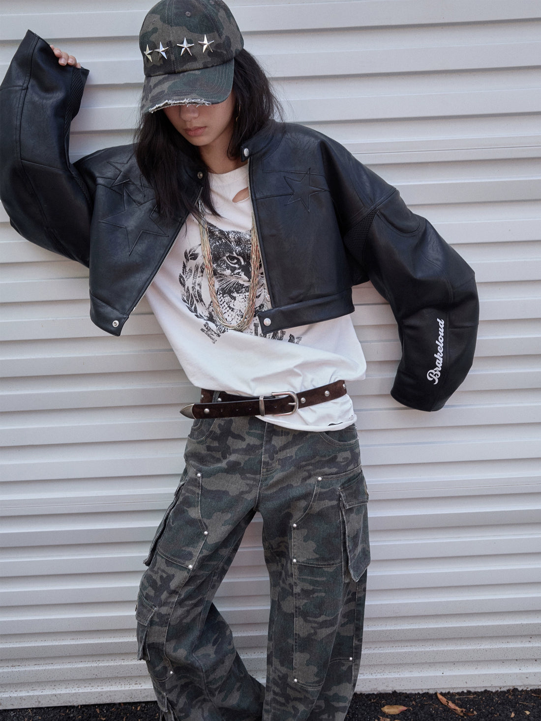 Letter Print Structured Cropped Moto Jacket