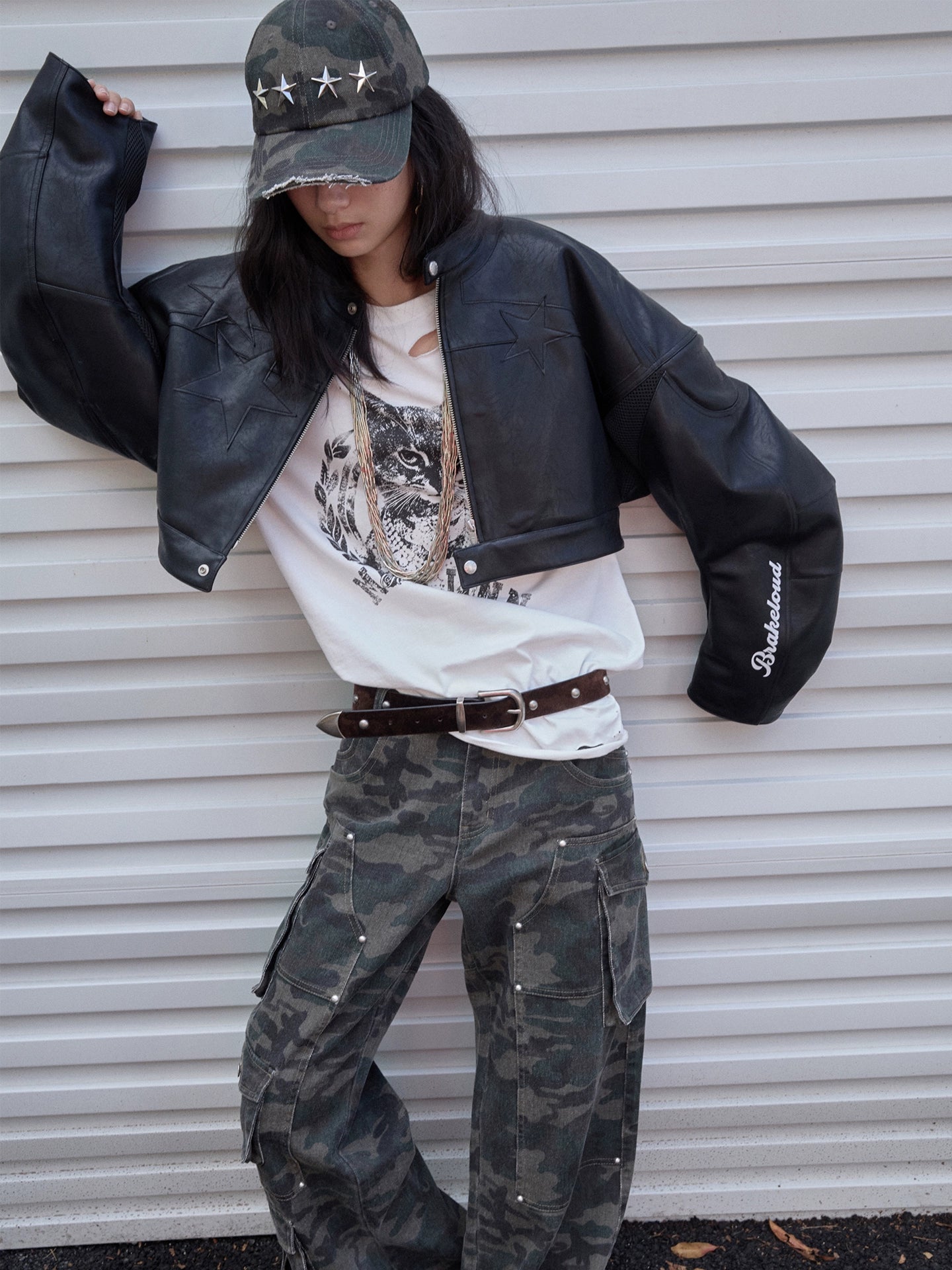 Letter Print Structured Cropped Moto Jacket