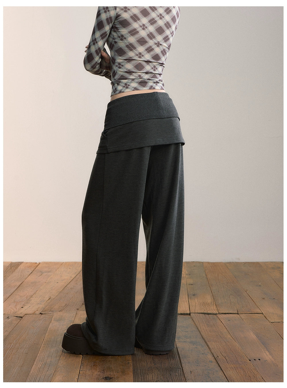 Folded Waist Skirt-Hem Wide-Leg Sweatpants