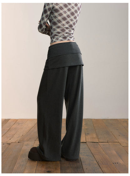Folded Waist Skirt-Hem Wide-Leg Sweatpants