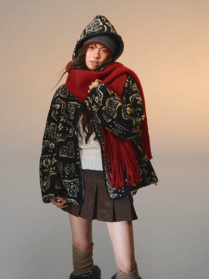 Jacquard Fleece Hooded Casual Jacket