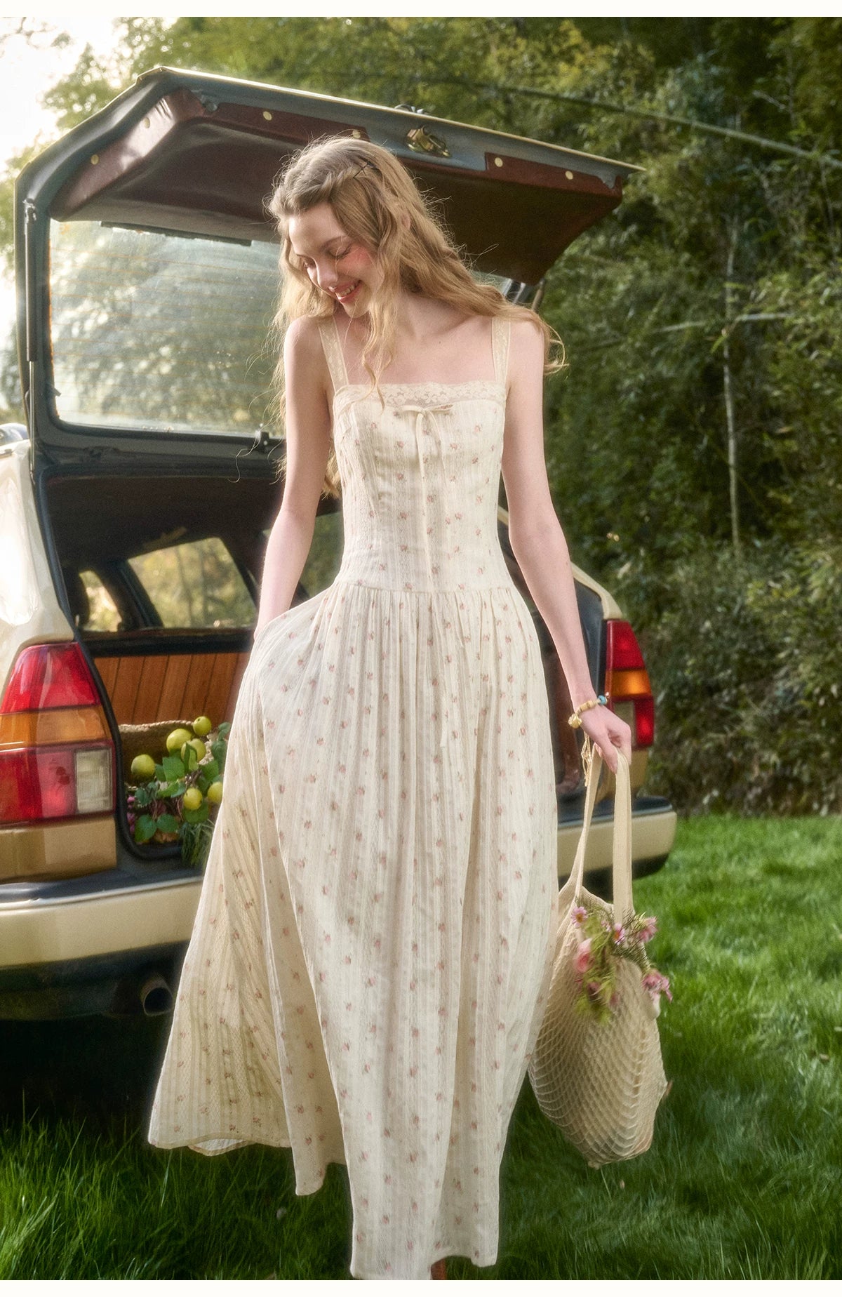 Vintage French Lace Cotton Floral Maxi Dress