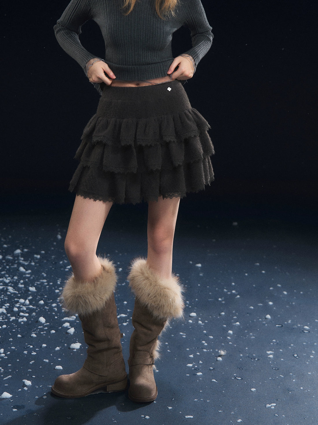 Lace-Panel Velvety Tiered Skirt