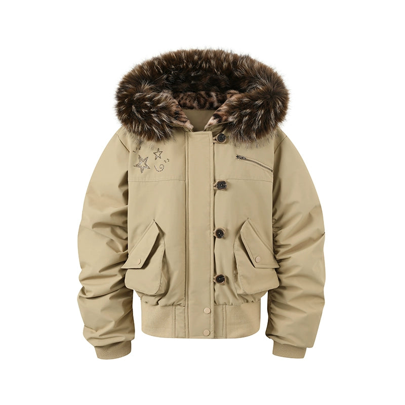 Studded Faux Fur Collar Bomber Down Jacket
