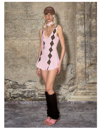 Deep V Knit Pleated Mini Dress &amp; Shorts Set