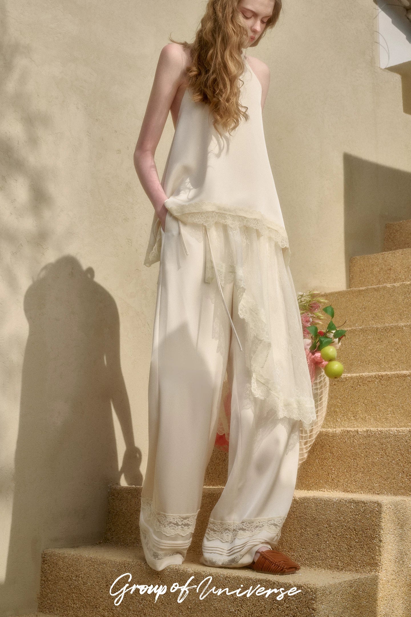 Pearl Gold Satin Lace Three-Piece Set