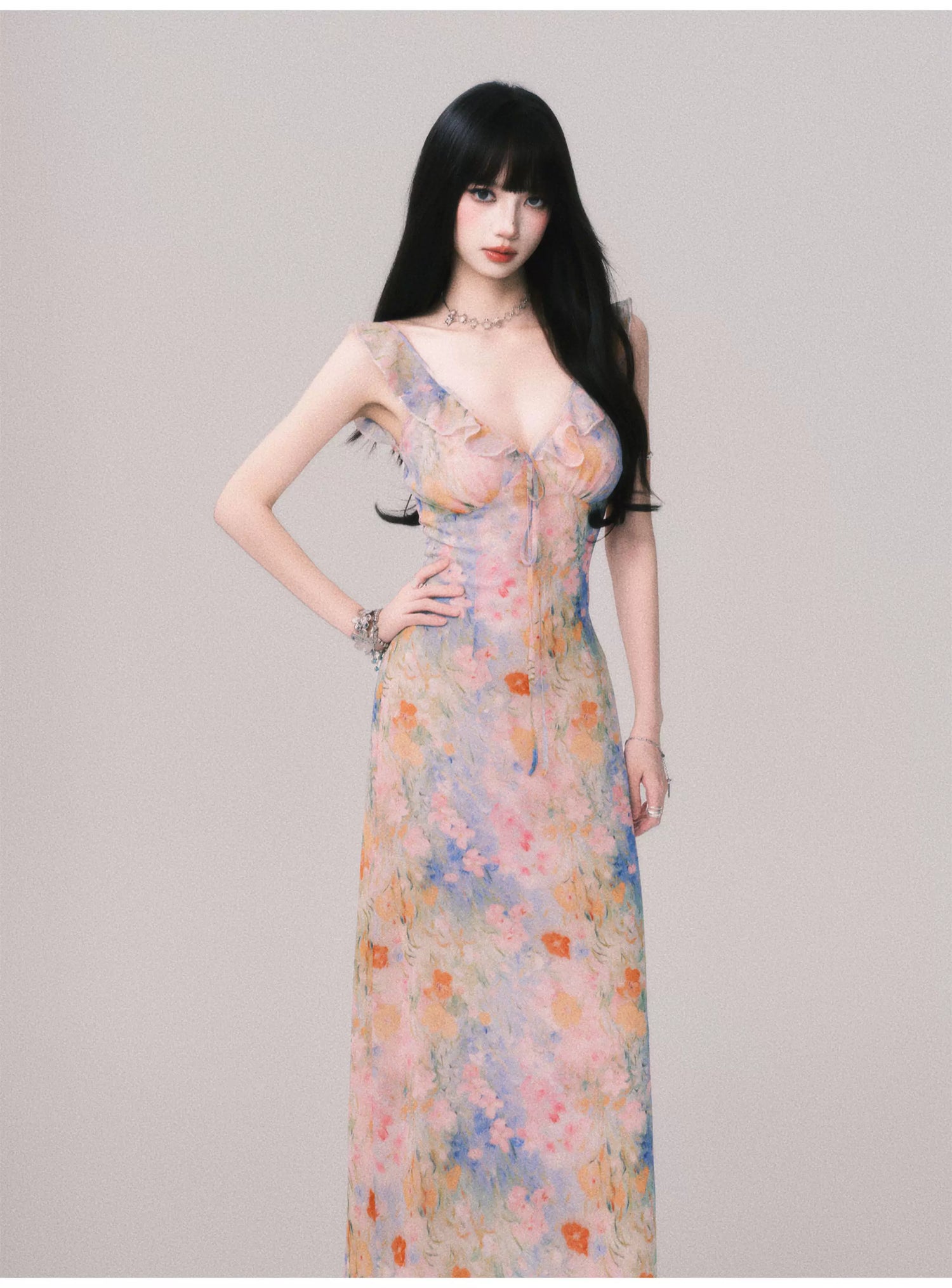 Floral V-Neck French Slip Maxi Dress