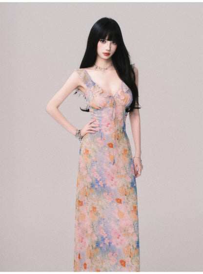 Floral V-Neck French Slip Maxi Dress