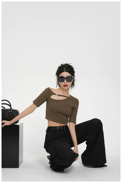 Asymmetric One-Shoulder Cropped Stretch T-Shirt