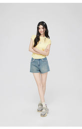 Yellow & Black Hollow Ruffled Knitted T-shirt - CHINASQUAD