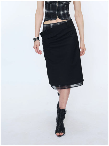 Deconstructed Check Patchwork Straight Midi Skirt