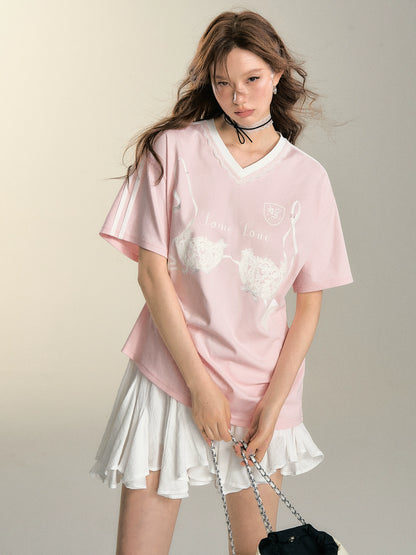 Pink Lace Collar Printed T-shirt