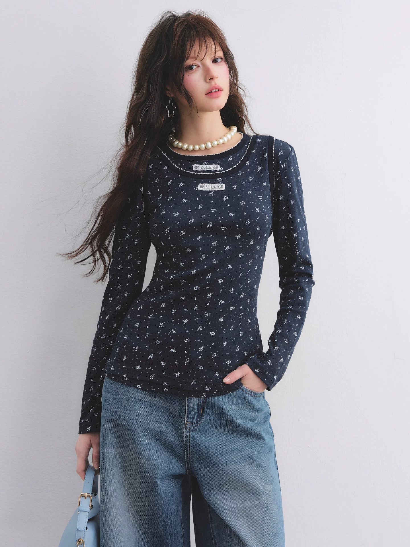 Vintage Floral Trim Long Sleeve Layered Top Set