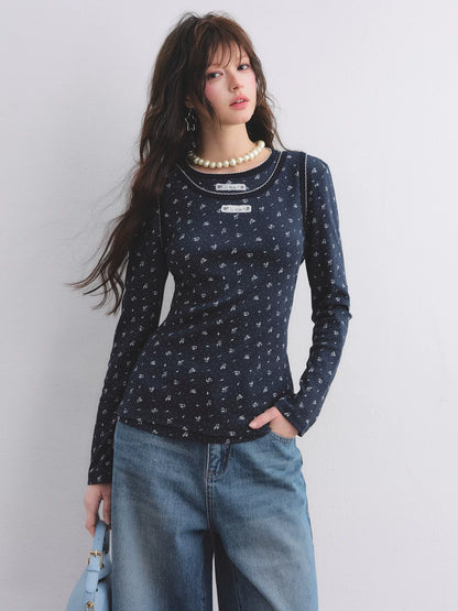 Vintage Floral Trim Long Sleeve Layered Top Set